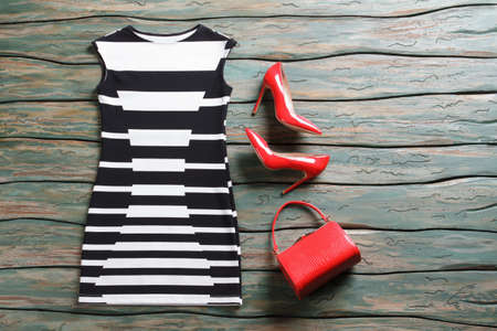 Sleeveless dress and heel shoes. Bright red purse and heels. Attractive evening outfit for summer. Woman's clothing on auction.の写真素材