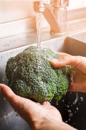 Man's hands washing broccoli.の写真素材