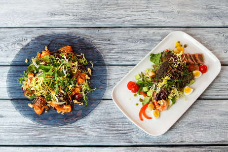 Plates with salads.の写真素材