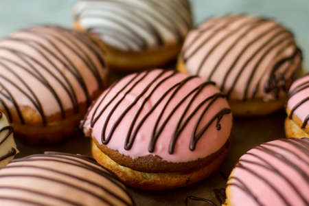 Cookie sandwiches with icing. Biscuits decorated with chocolate. Creamy glaze of pink color. Bush cakes for dessert.の写真素材