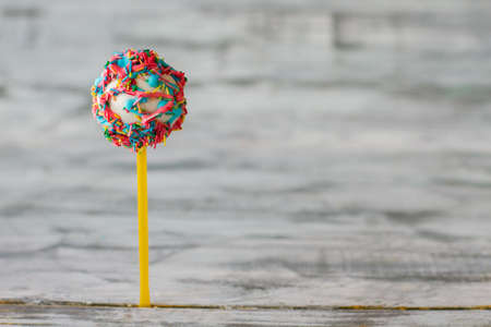 Decorated cake lollipop. Candy with glaze and sprinkles. Flavor of happy life. How to congratulate a kid.の写真素材