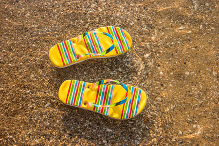 Bright-colored flip flops. Footwear on water background. Sense the warmth of sea. Holidays at the tropical island.の写真素材