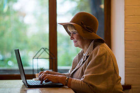 Smiling elderly woman with laptop. Senior lady near window. Surf the net.の写真素材