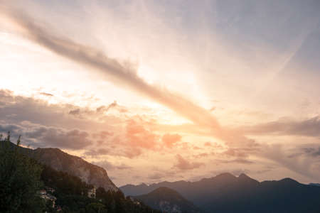 Mountains and sky. Natural landscape in the morning. Conquer new peaks.の写真素材