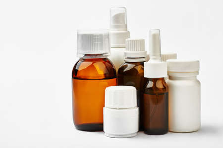 Set of remedy bottles isolated. Liquid medicine and pill containers. Prescription for drugs.の写真素材