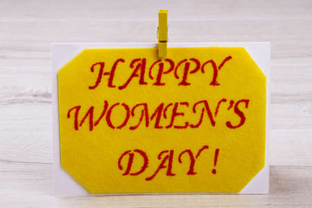 Womens Day card with clothespin. Fabric greeting card on paper. Congratulation to lovely women. How...