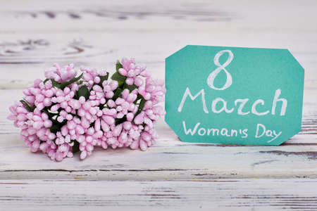 Greeting card and pink flowers. Holiday of spring.の写真素材