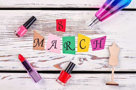 Cosmetics on wooden surface. Unusual gifts for woman.の写真素材