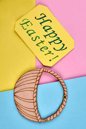 Easter card, plywood basket cutout. Bright paper background. Easter color combinations.