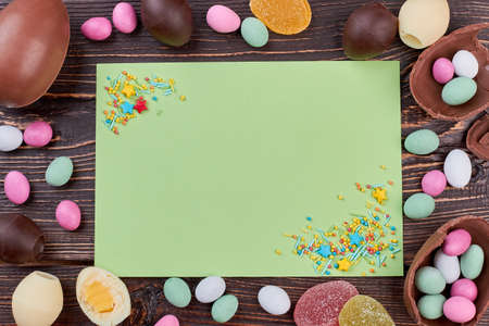 Empty card with sprinkle dots. Sweets and wood texture. Greeting card for kids.の写真素材