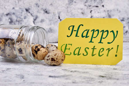 Eggs, jar and Easter card. Fresh quail eggs.の写真素材