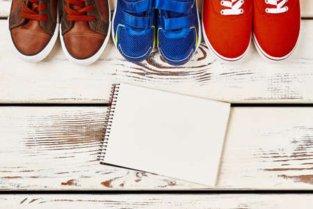 Notebook and sneakers on wood. Steps to a healthy lifestyle.の写真素材