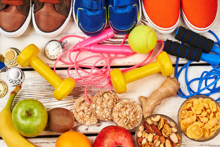Healthy food and sport equipment. Secrets of wellness.の写真素材