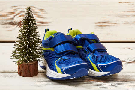 Sneakers and fir-tree on wood. Christmas gift of dream.の写真素材