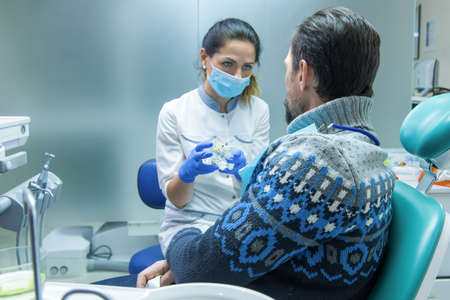 Stomatologist holding artificial teeth. Dentist looking at patient. Best dental implants.