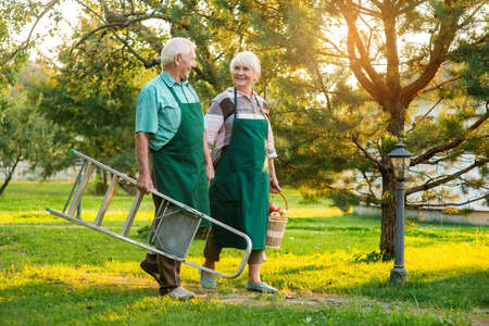 Happy old couple holding hands. Gardeners in aprons walking.の写真素材