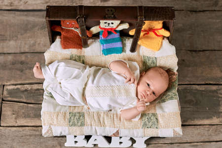 Baby and knitted toy animals. Top view of an infant.の写真素材