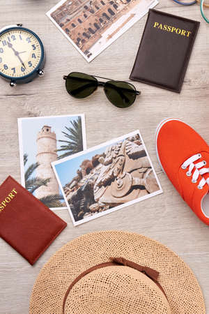 Travelling concept, set of tourist accessories. Summer vacation background.