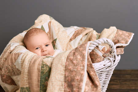 Cute caucasian infant boy. Child in a basket, blanket. How to name a baby.の写真素材