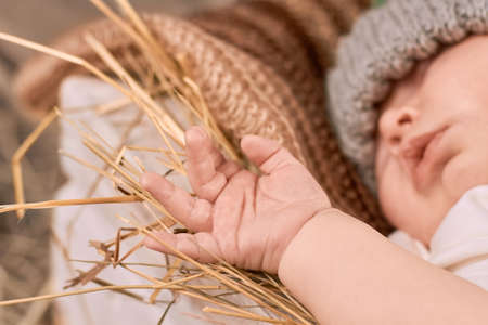 Baby hand close up. Palm and fingers of child. Genetics and health of children.の写真素材