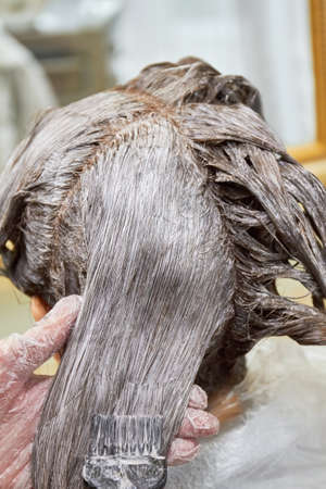 Hair dying process, close up. Female hair, dye and brush.の写真素材