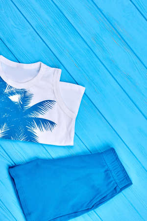 Set of beautiful kids cotton apparel. Cotton childs t-shirt and shorts high quality. Dainty design kids summer style.の写真素材
