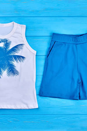 Unisex kids summer fashion clothing. Vertical image of stylish cotton shorts and t-shirt for child, blue wooden background.の写真素材