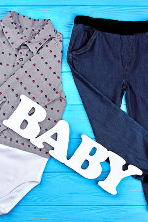High quality garment for little boys. New fashion clothes for baby-boy. Kids collection of modern clothig.の写真素材