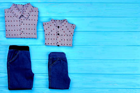 Fashion trendy look of baby-boy clothes. Collection of new fashion design apparel for little boys, copy space.の写真素材