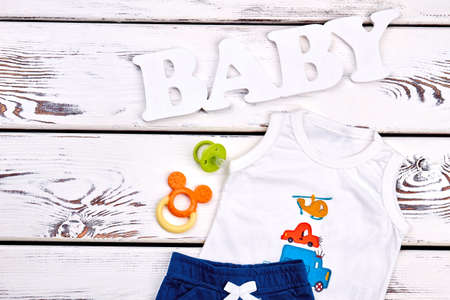 Infant boy trendy summer apparel. Baby boy new boutique clothes for summer wear. Toddler boy high quality clothing and accessories.の写真素材