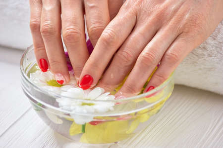 Woman hands in glass bowl. Woman hands in a nail salon receiving a manicure. Skin care and treatment.の写真素材