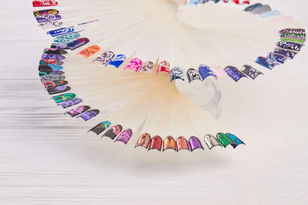 Nails fashion art samples. Collection of artificial finger nail with beautiful nail design. Finger nail art design samples.の写真素材