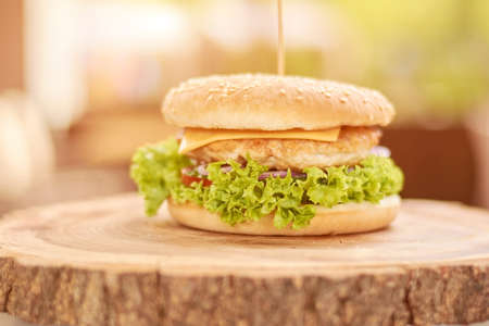 Delicious chicken burger with vegetables. Fresh appetizing cheesburger on natural wood. Classic american food.の写真素材