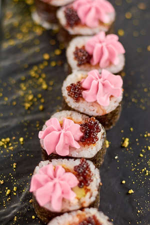 Delicious sushi set on plate. Appetizing japanese sushi rolls. Traditional asian food.の写真素材