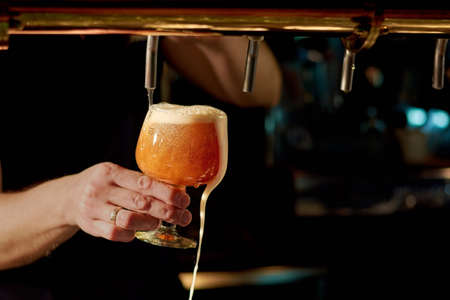 Close up of waiter hand pouring beer. Close up hand of man pouring fresh drink from a stainless steel beer tap in glass. Beer pouring in pub.の写真素材
