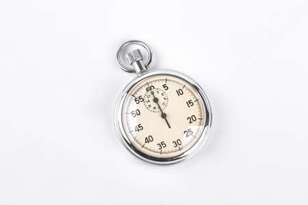 Metallic stopwatch on white background.