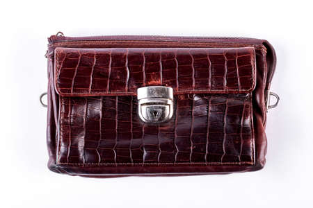 Man vintage brown bag isolated on white background. Male retro outfit.の写真素材