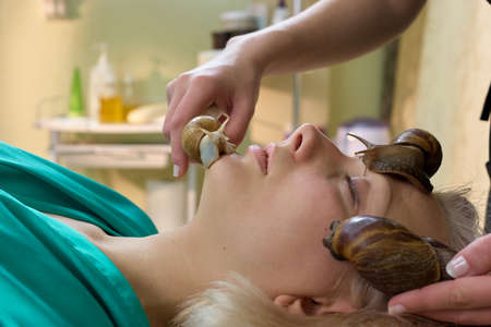Pretty woman with snails on her face. Beautician putting snail on female face. SPA treatments with snails face massage.の写真素材