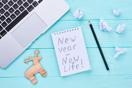 Paper notebook with text, computer laptop. Cropped computer, cut out wooden ornament deer, paper notepad with text, pencil, crumpled sheets of paper, top view.の写真素材