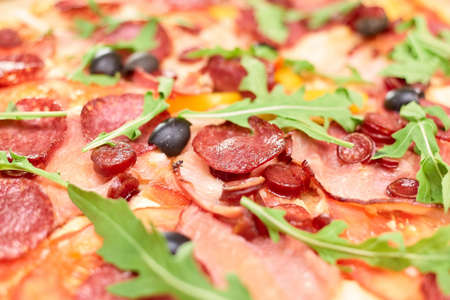 Salami pizza background. Pizza ingredients background.の写真素材