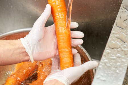 One carrot washing under tap water. Clean carrot rinsing, tap water washes carrot.の写真素材