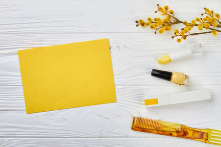 Spring cosmetics decorations, wooden background. Cosmetics and pussy willow twig with catkins, light wood background. Yellow blank paper for greeting.の写真素材