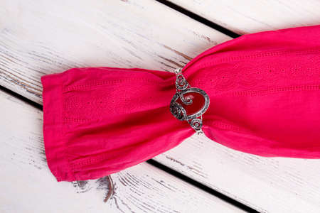 Women lace shirt and bracelet. Fashion bracelet on sleeve of female blouse. Feminine elegance and style.の写真素材