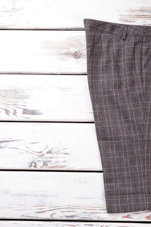 Gray checkered capri for women. Female classic short trousers and copy space. Adult women outfit.