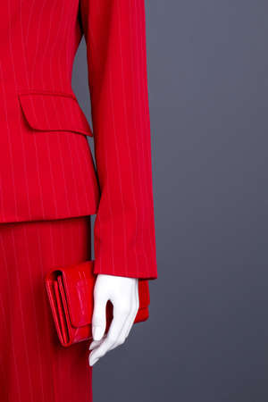 Women red classy apparel and wallet. Female mannequin with red blazer, trousers and purse, copy...