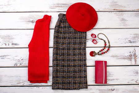 Winter style garment for ladies. Women clothing set and accessories on light background.の写真素材