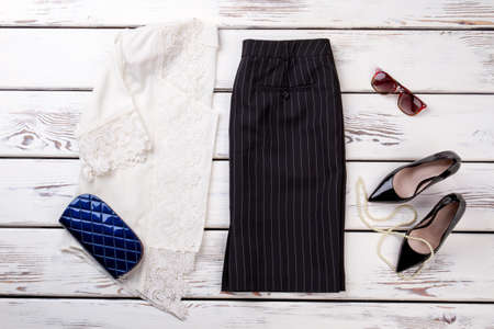 Collection collage of womens clothing. Blue purse and sunglasses.の写真素材