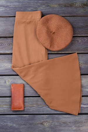 Brown skirt and berete hat. Leather case, top view. Grey wooden surface background.の写真素材