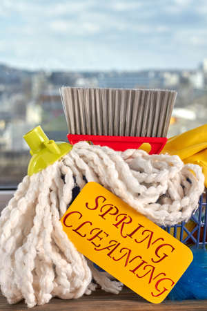 Pile of products for house cleaning. Items for spring cleaning. Spring cleaning background.の写真素材
