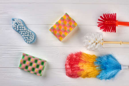 Set of products for house cleaning. Kitchen sponges for dishes washing. Brushes for house cleaning....